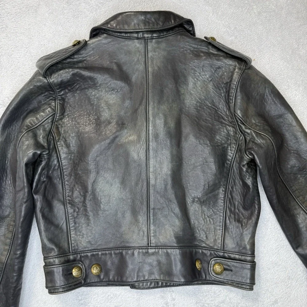Ralph Lauren Blue Label Womens M Black Leather Cropped Military Jacket Brass